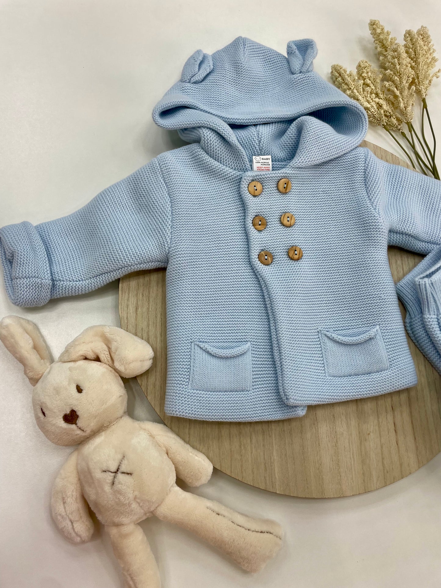 Conjunto Chaqueta y Polaina de Lana para Bebé – Celeste con Capucha y Orejitas (3-12 meses) 🐻💙