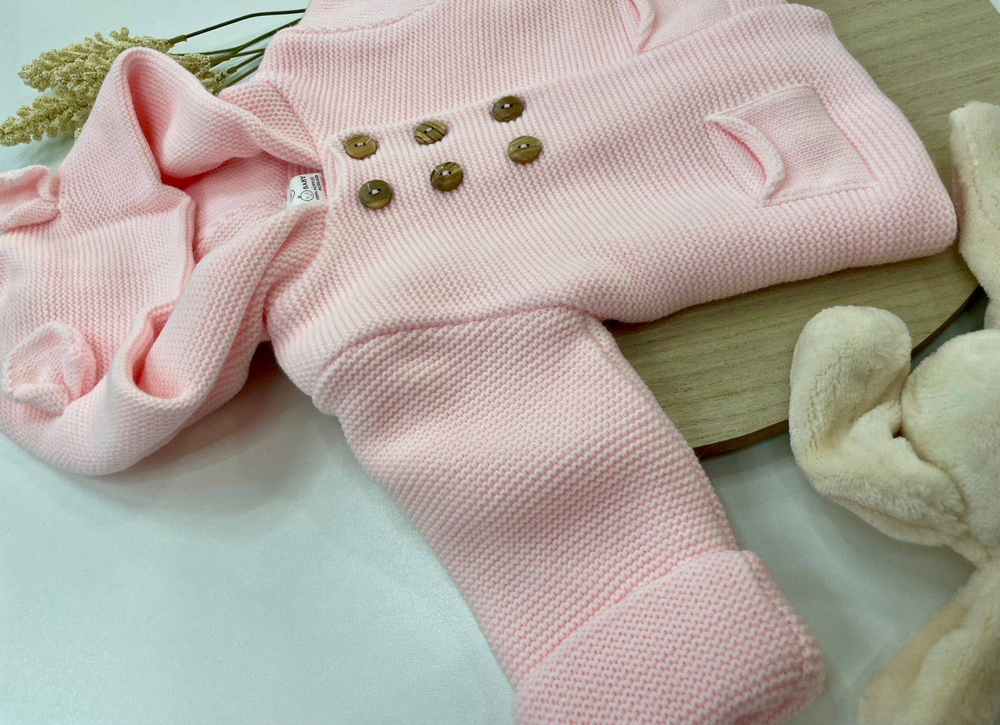 Conjunto Chaqueta y Polaina de Lana para Bebé – Rosa Bebé con Capucha y Orejitas (3-12 meses) 🐻💗