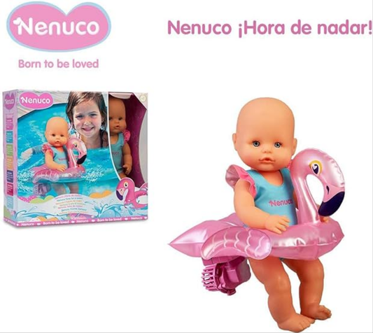 Nenuco - ¡Hora de Nadar!, muñeco bebé Nadador, con un Flotador de Flamenco con Motor Que le Hace Girar en la bañera y Piscina, Juguete Resistente al Agua para la Hora del baño