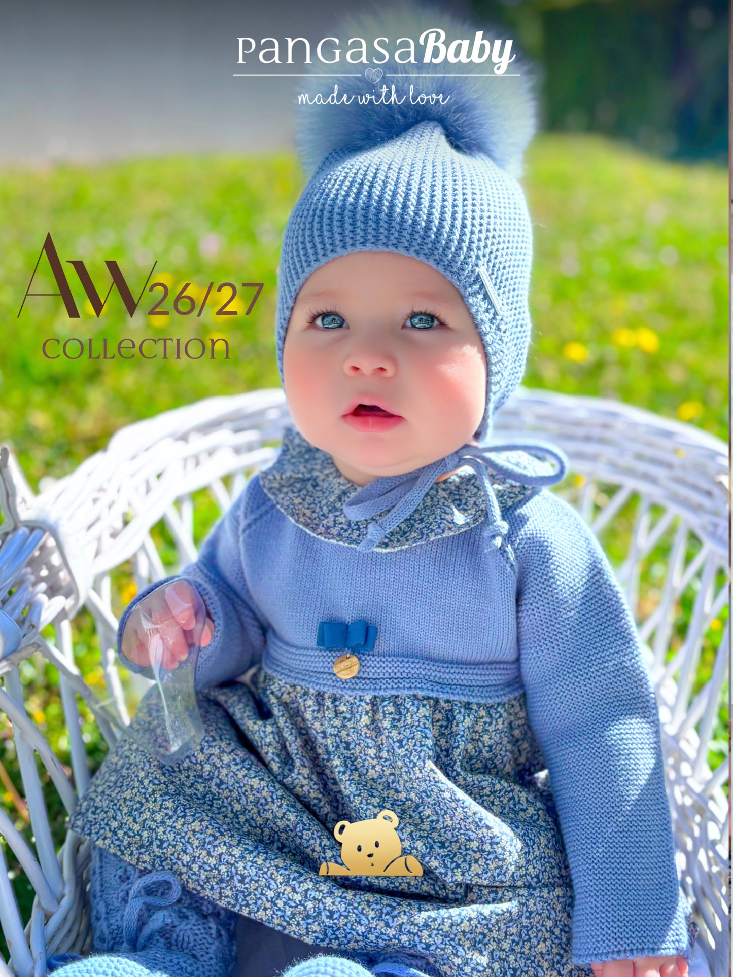 Gorro Orejero Aviador Azul Bruma Pangasa Baby 🌫️ 3-36M | Con pompón desmontable