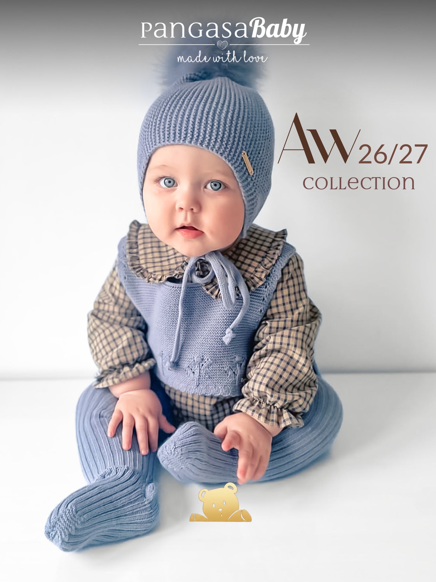 Gorro Orejero Aviador Azul Bruma Pangasa Baby 🌫️ 3-36M | Con pompón desmontable