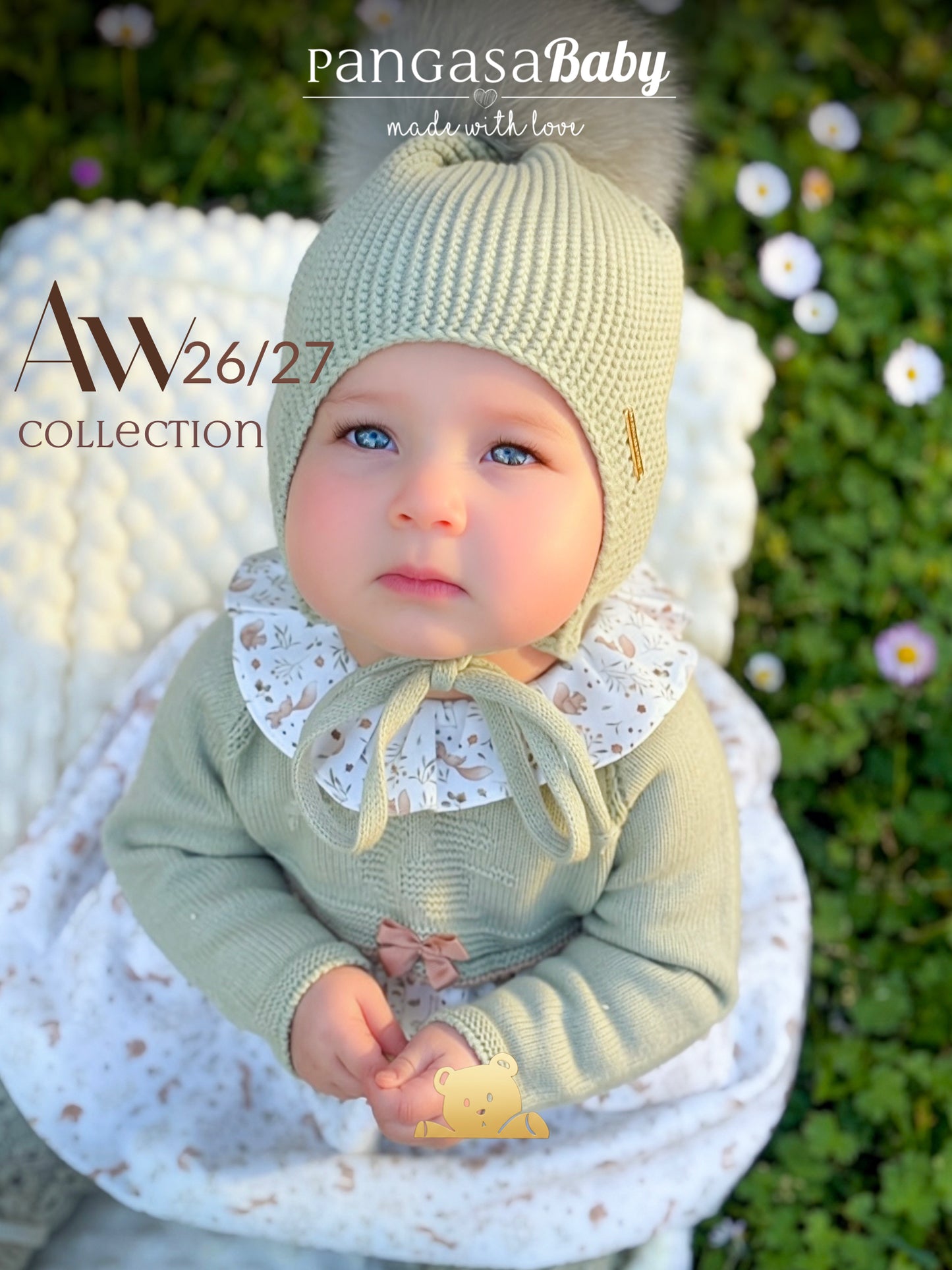 Gorro Orejero Aviador Verde hoja Pangasa Baby 🌿 3-36M | Con pompón desmontable