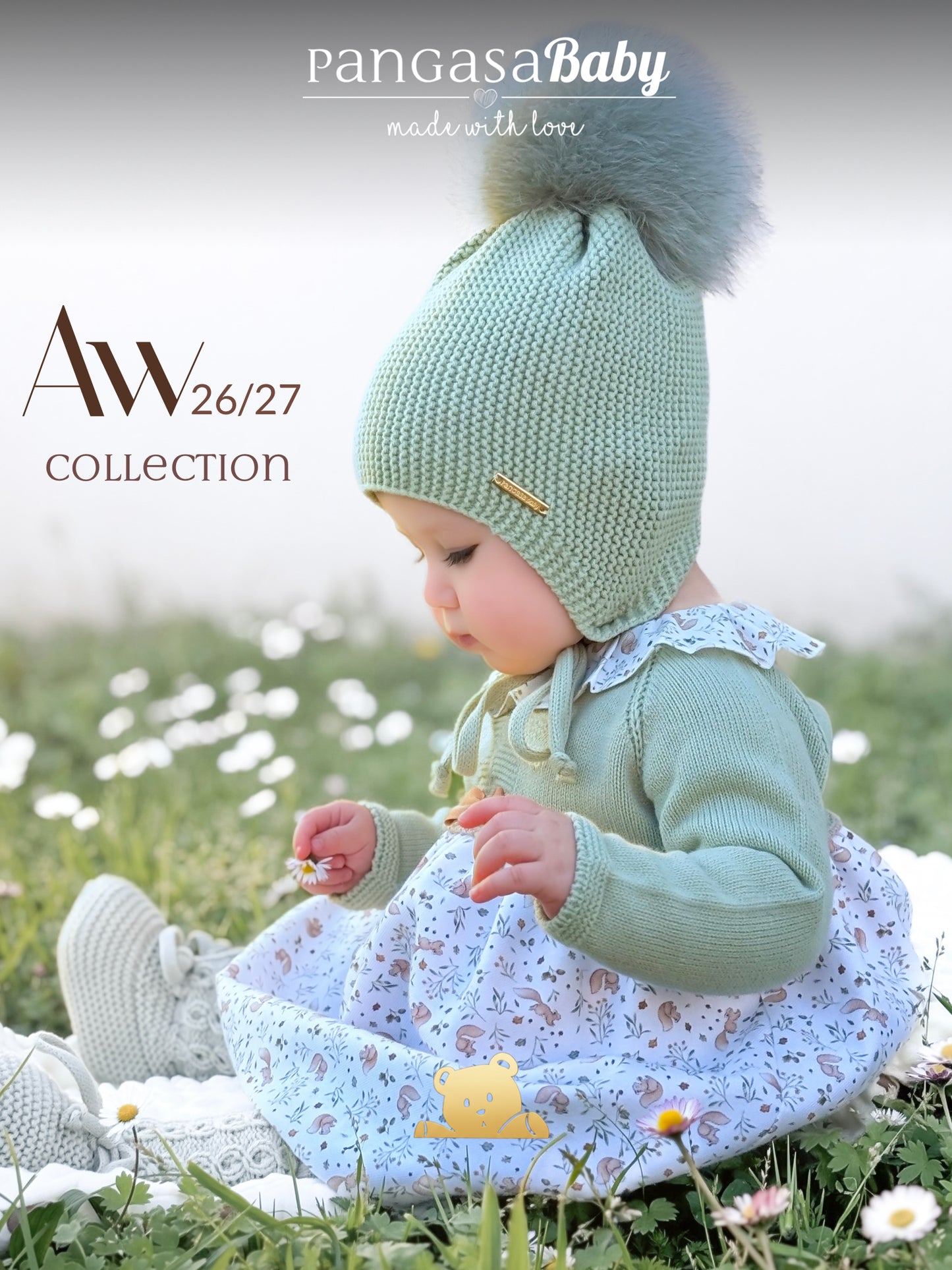 Gorro Orejero Aviador Verde hoja Pangasa Baby 🌿 3-36M | Con pompón desmontable