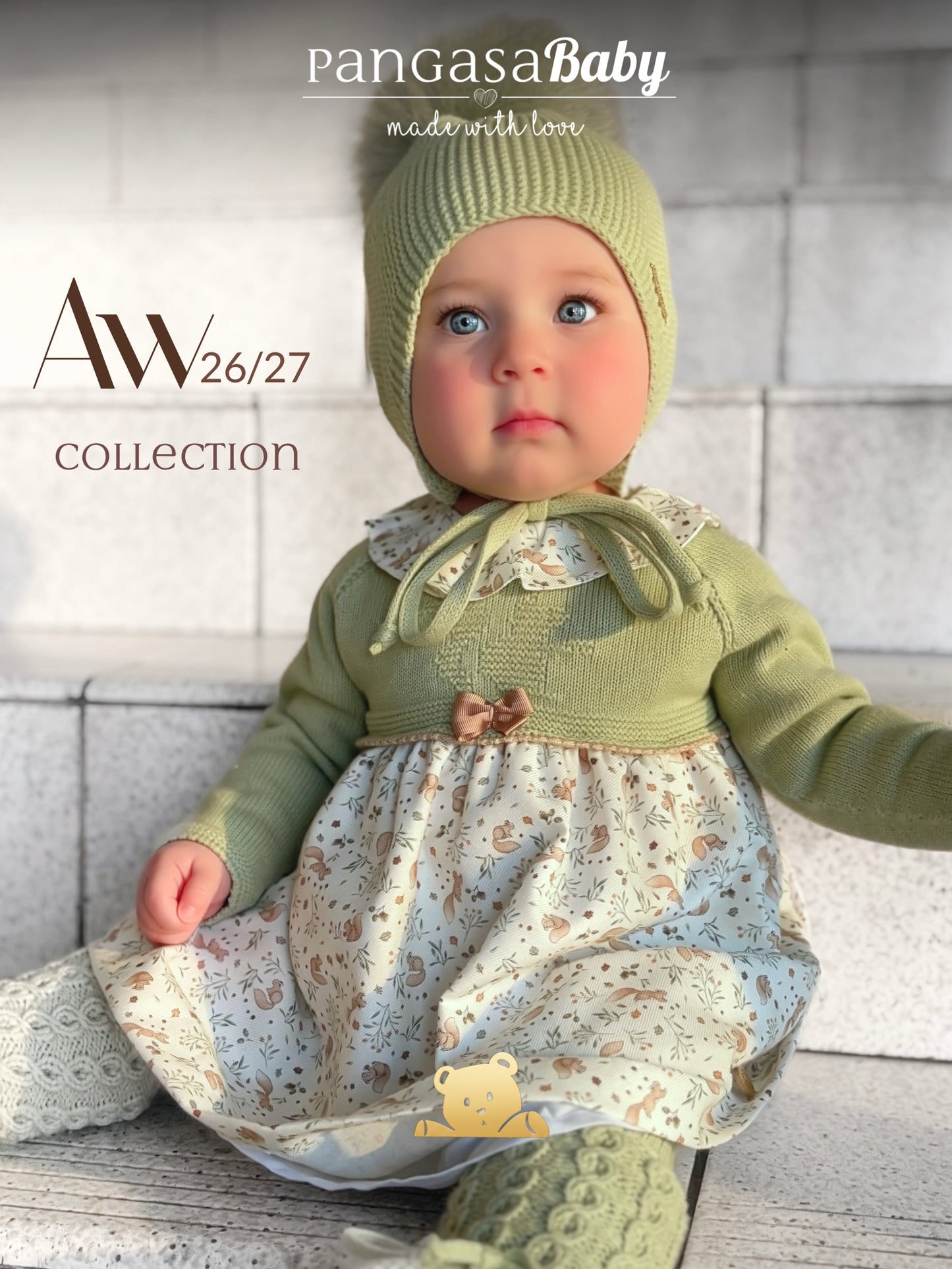 Gorro Orejero Aviador Verde hoja Pangasa Baby 🌿 3-36M | Con pompón desmontable