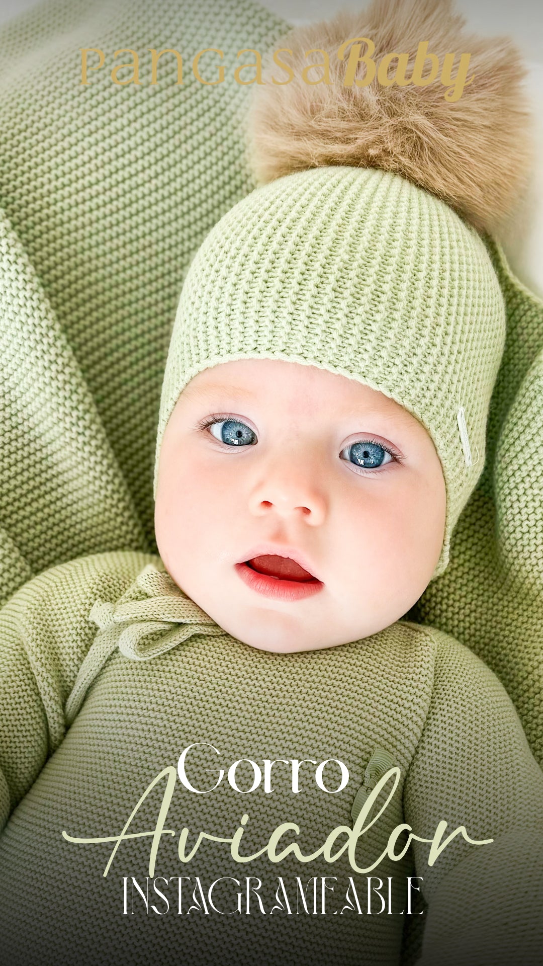 Gorro Orejero Aviador Verde hoja Pangasa Baby 🌿 3-36M | Con pompón desmontable