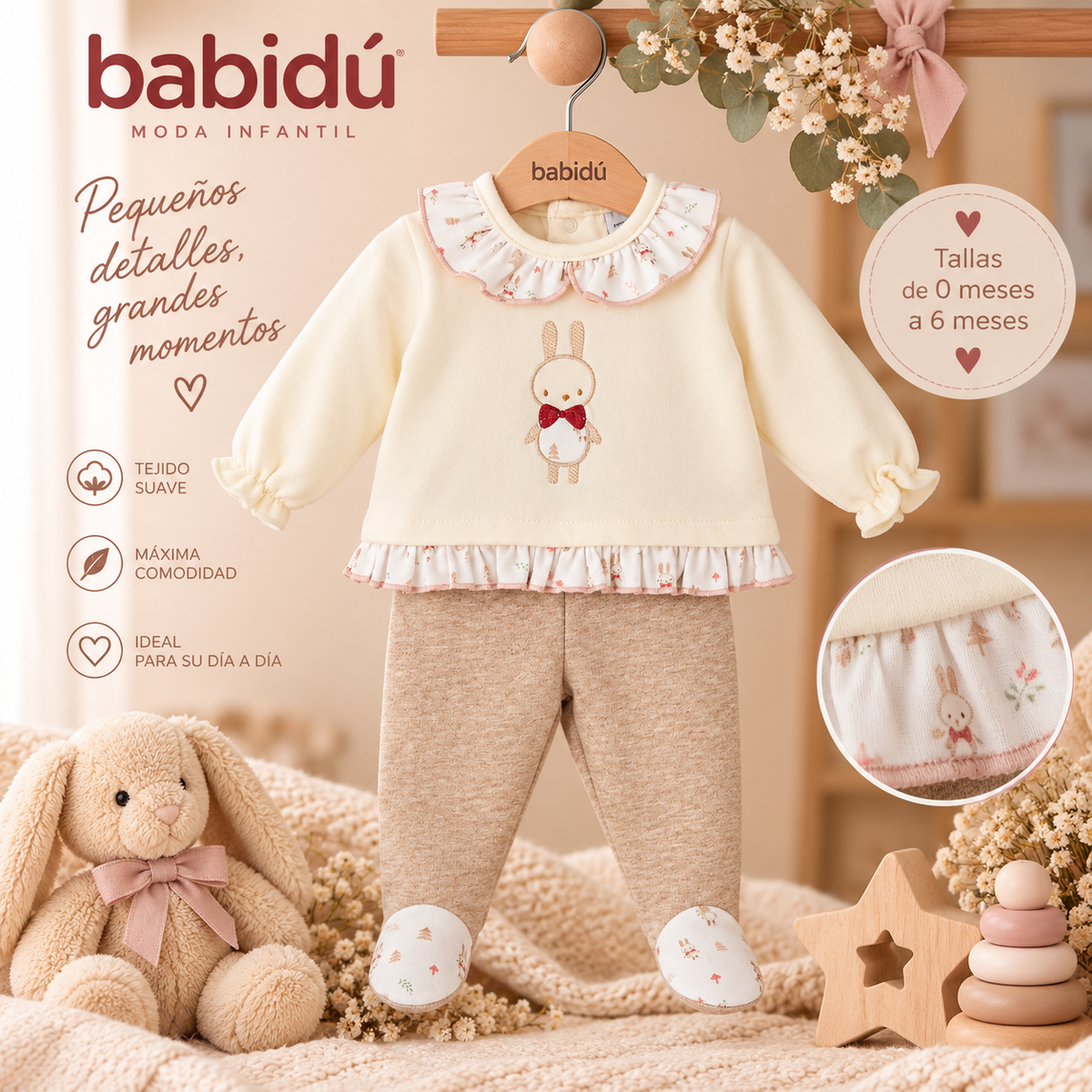 Conjunto de Felpa con Polaina y Volante Niña Huella Babidú | 0 a 6 Meses