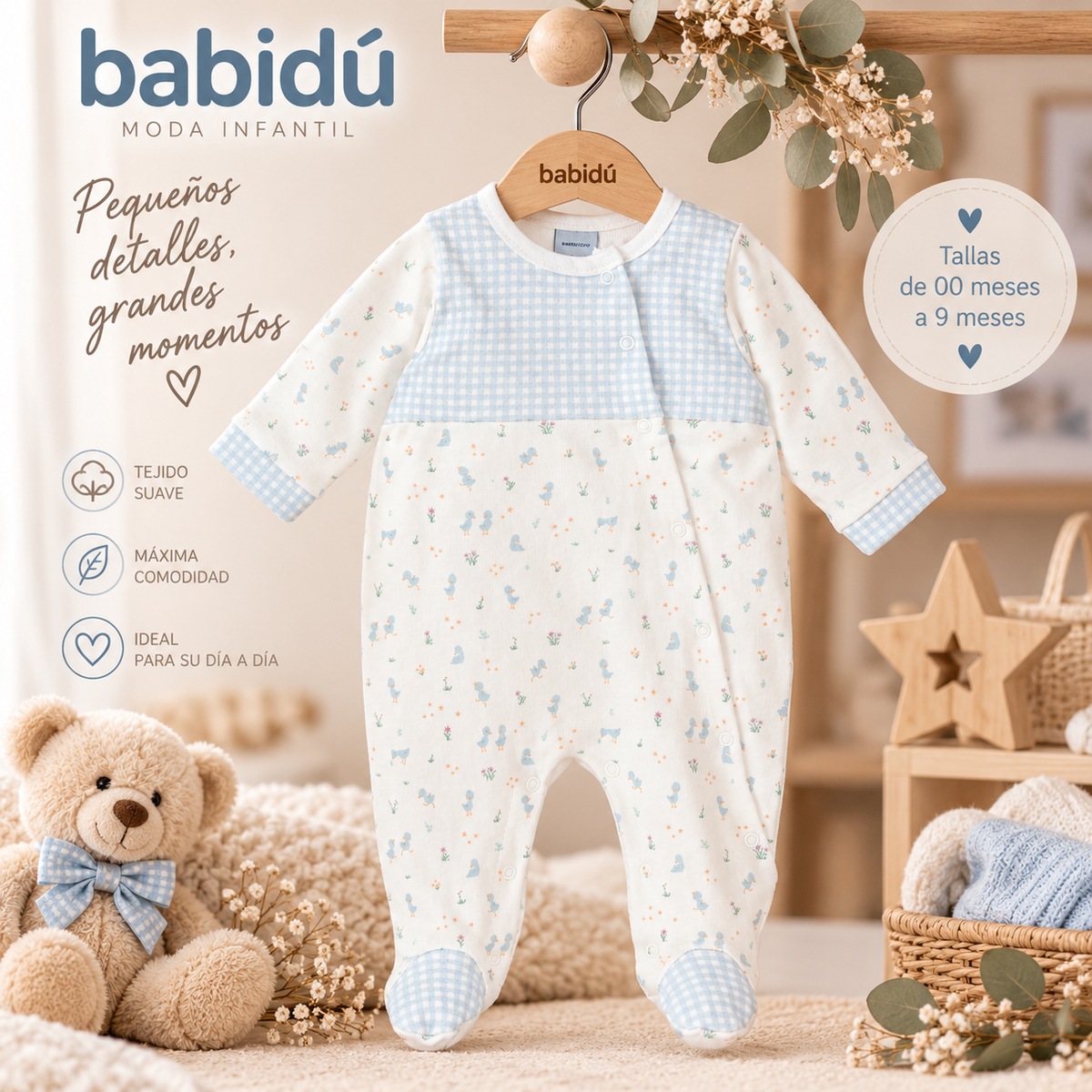 Pelele Enterizo Sin Cuello Niño Nido Celeste Babidú | 00 a 9 Meses