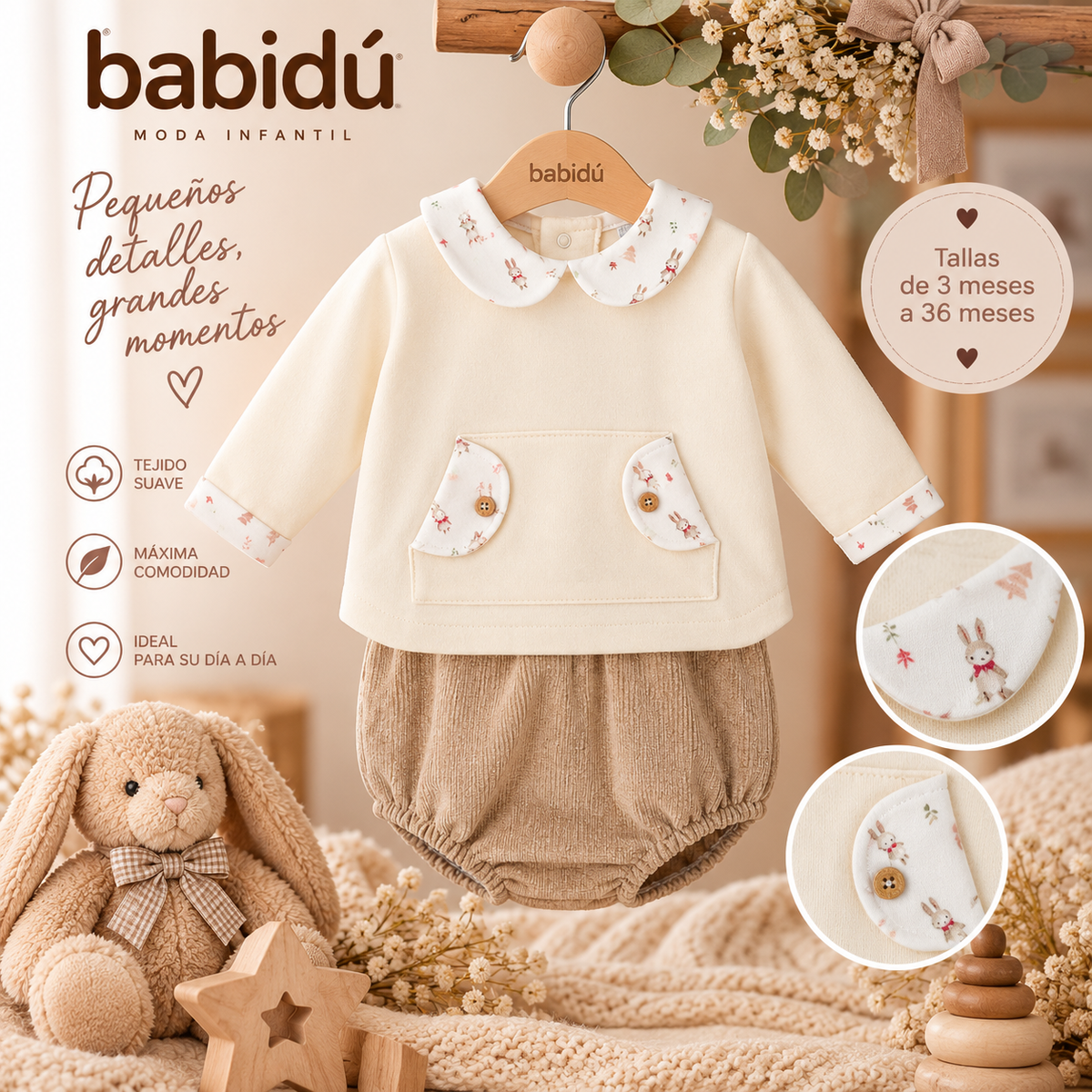 Conjunto de Felpa con Ranita y Cuello Bebé Niño Huella Babidú | 3 a 36 Meses