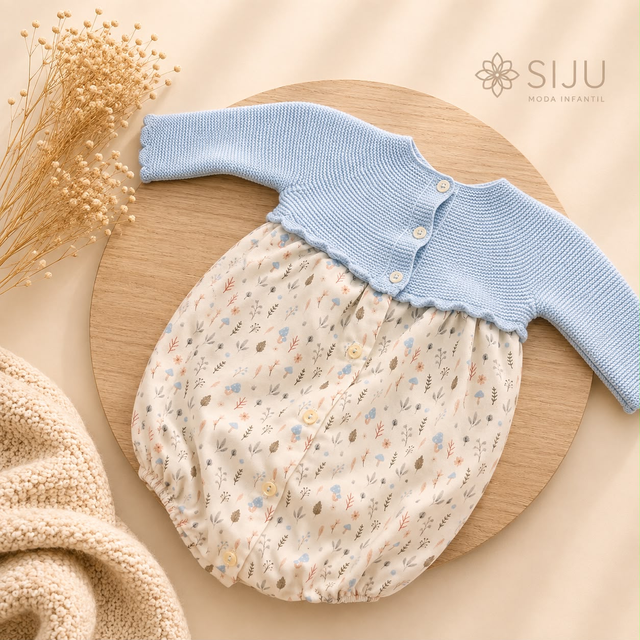 Pelele de Punto y Algodón Estampado Flores Celeste | Siju Moda Infantil