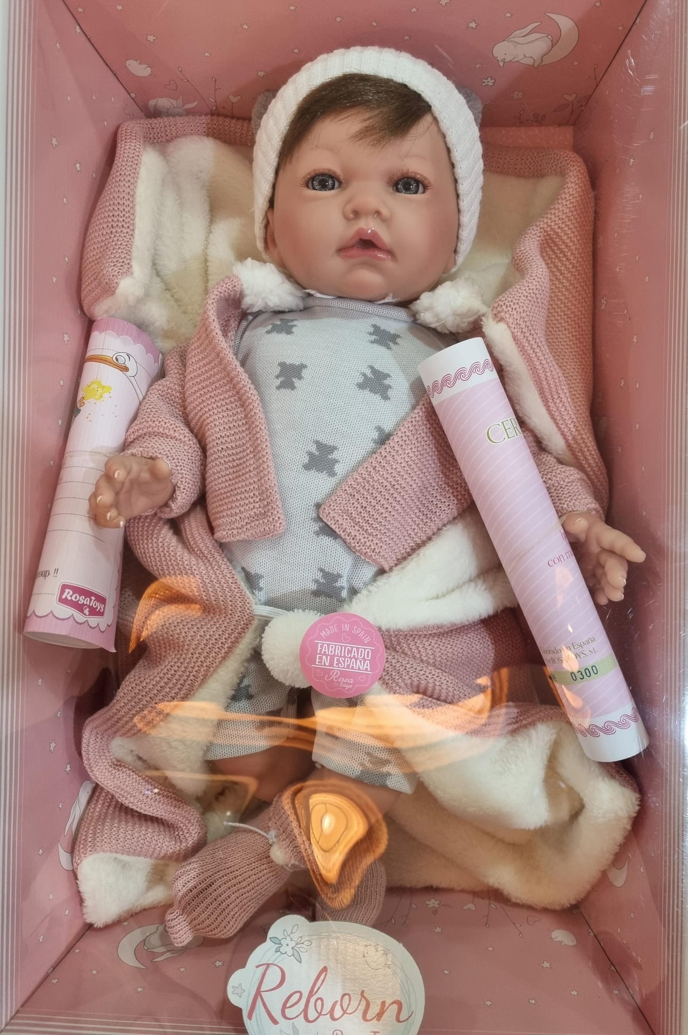 BEBE REBORN CON PELO Y MANTA ROSA TOYS