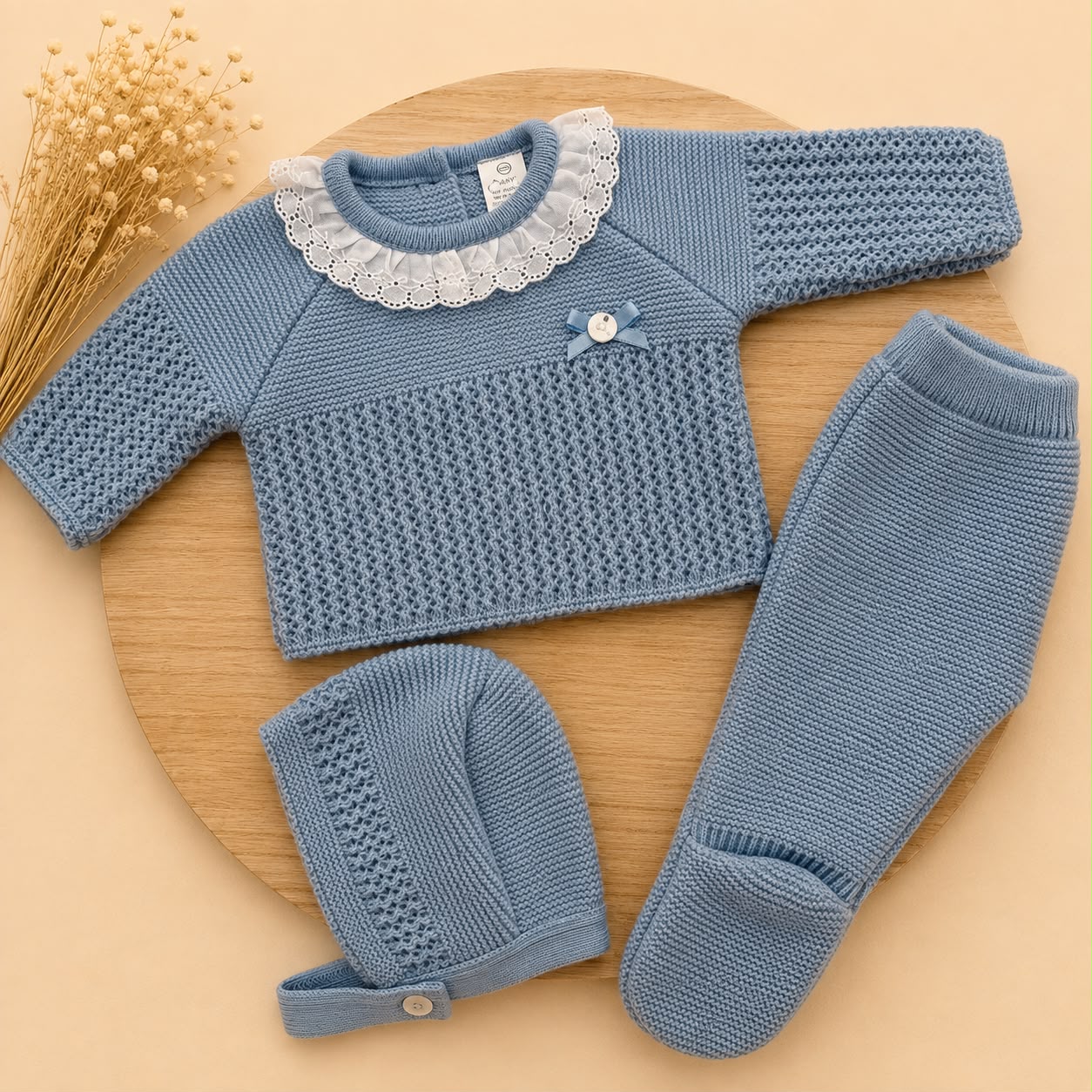 Conjunto de Primera Puesta para Bebé Azulón con Puntilla, Polaina y Capota | Siju Moda Infantil