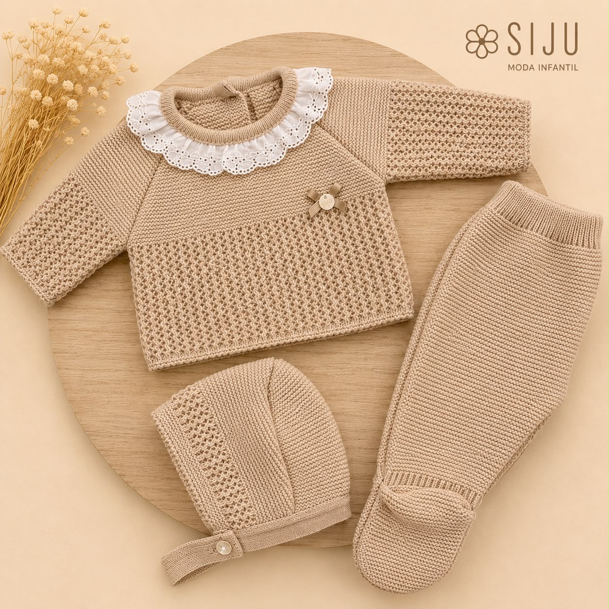 Conjunto de Primera Puesta para Bebé Beige con Puntilla, Polaina y Capota | Siju Moda Infantil
