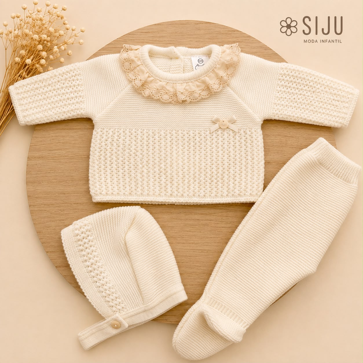 Conjunto de Primera Puesta para Bebé Marfil con Puntilla, Polaina y Capota | Siju Moda Infantil