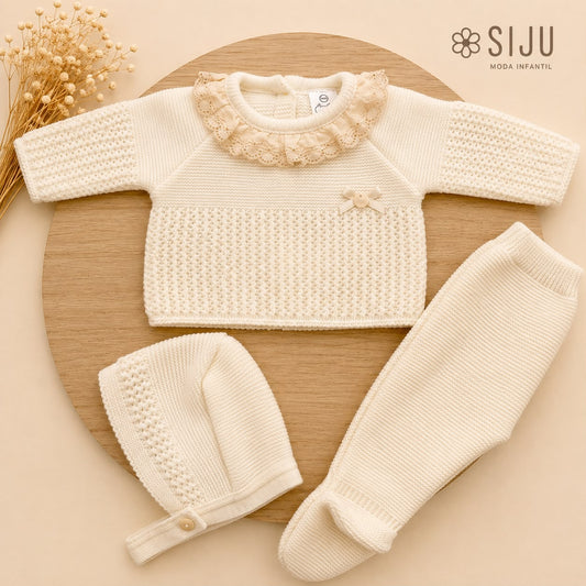 Conjunto de Primera Puesta para Bebé Marfil con Puntilla, Polaina y Capota | Siju Moda Infantil