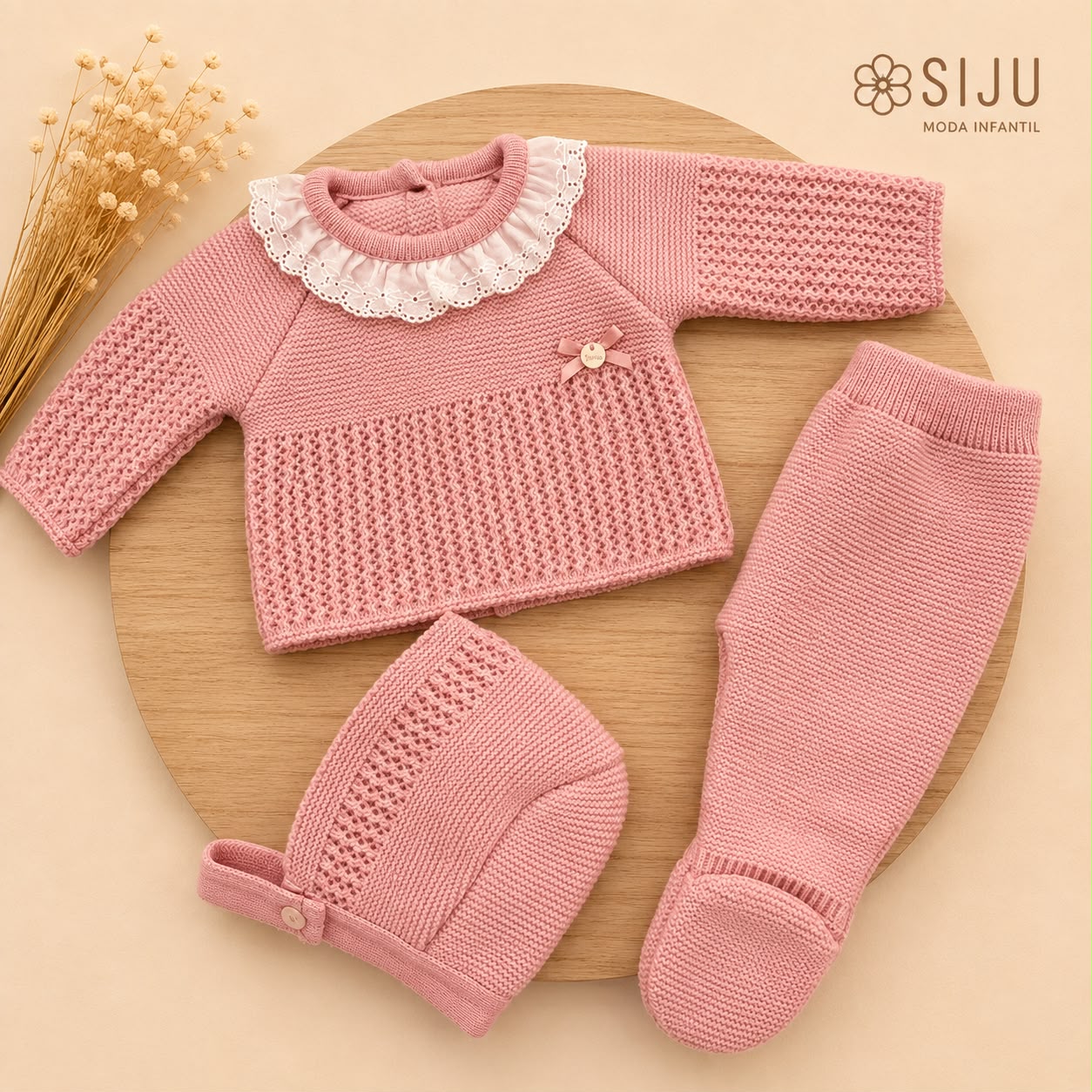 Conjunto de Primera Puesta para Bebé Rosa Empolvado con Puntilla, Polaina y Capota | Siju Moda Infantil