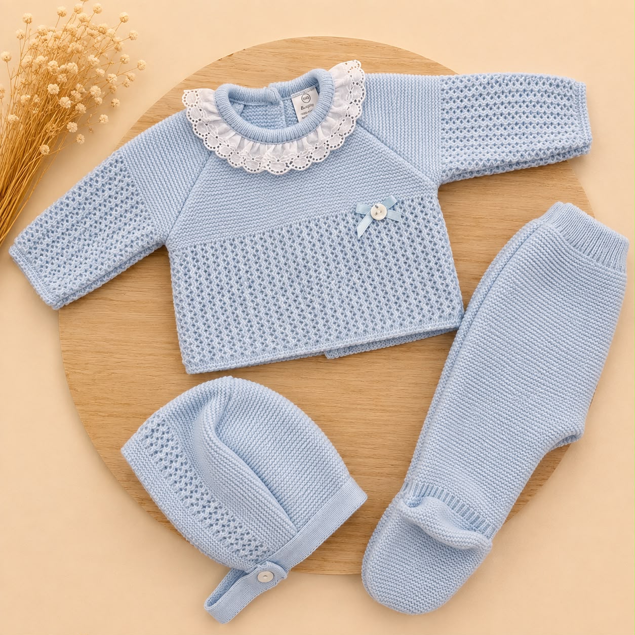Conjunto de Primera Puesta para Bebé Celeste con Puntilla, Polaina y Capota | Siju Moda Infantil