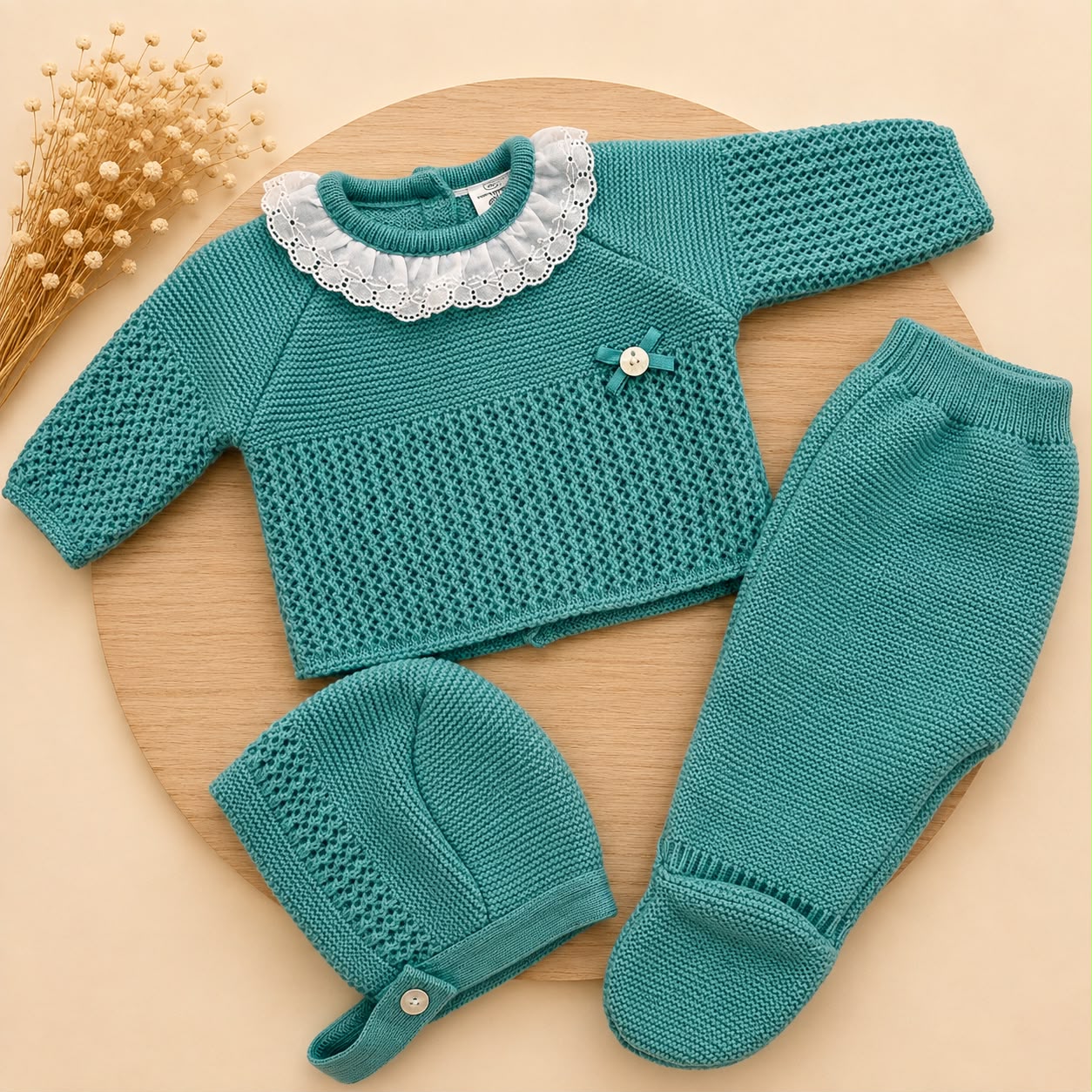 Conjunto de Primera Puesta para Bebé Verde Mint con Puntilla, Polaina y Capota | Siju Moda Infantil