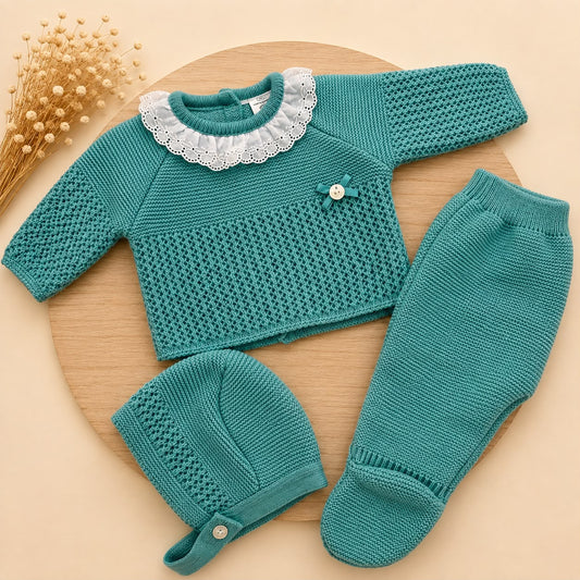 Conjunto de Primera Puesta para Bebé Verde Mint con Puntilla, Polaina y Capota | Siju Moda Infantil
