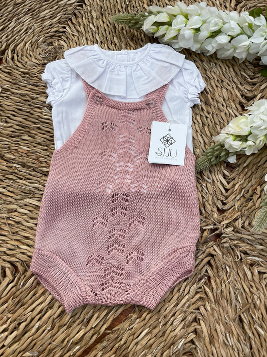 Conjunto de hilo rosa empolvado peto y camisa blanca con volante 1-12 meses