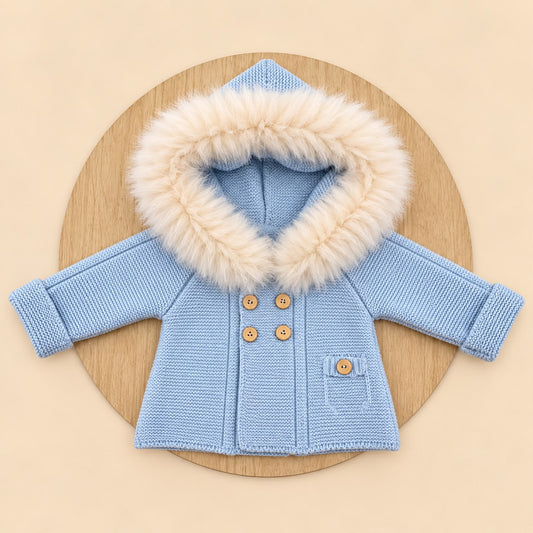 Chaqueta de Lana Acrílica Celeste con Pelo Sintético Desmontable para Bebé | 1 a 36 Meses