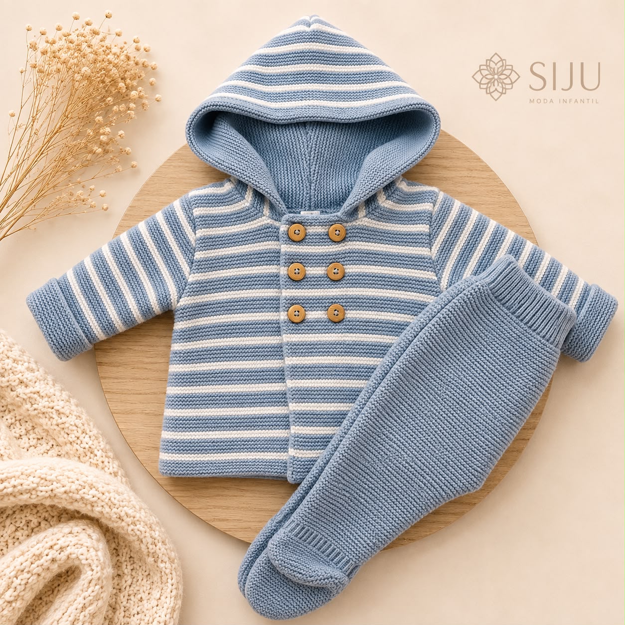 Conjunto de Punto Rayas San Francisco Azulón para Bebé con Capucha y Polaina | Siju Moda Infantil