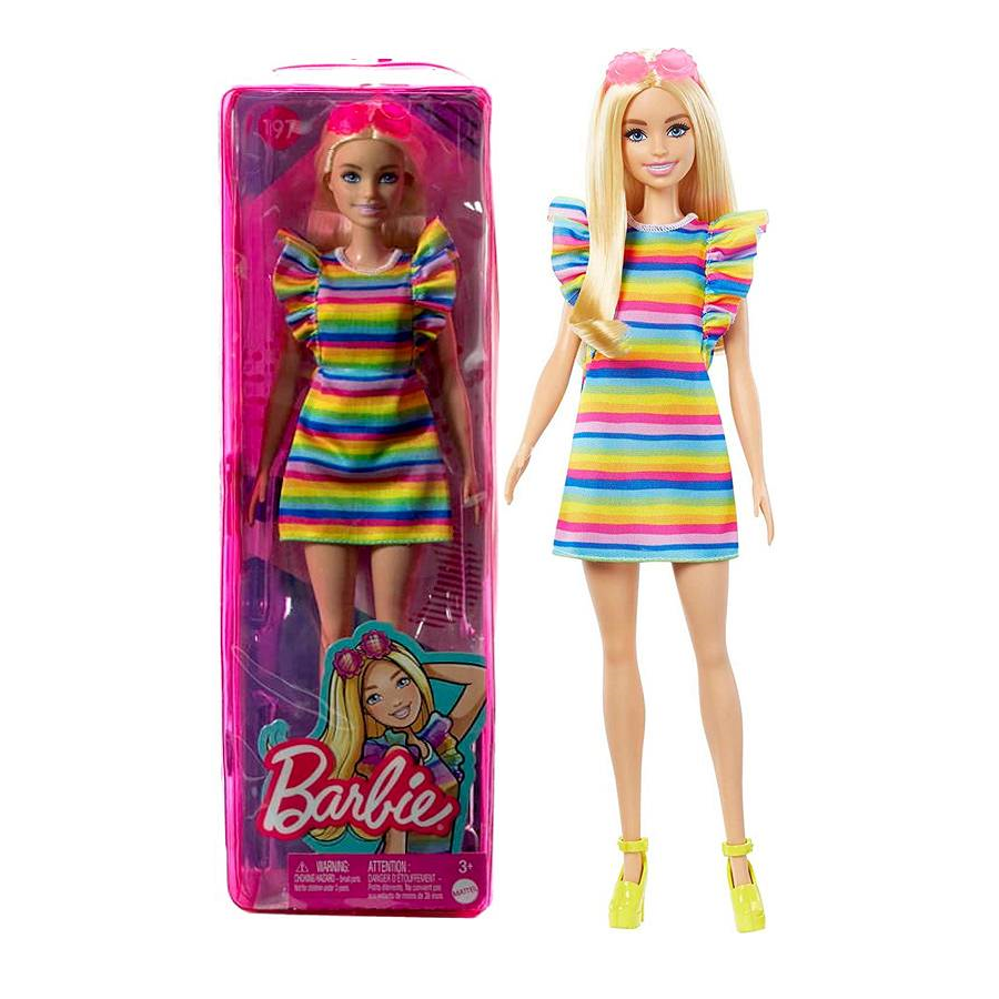 Barbie Fashionistas Doll #197 with Blond Hair, Braces, Rainbow Dress and Accessories