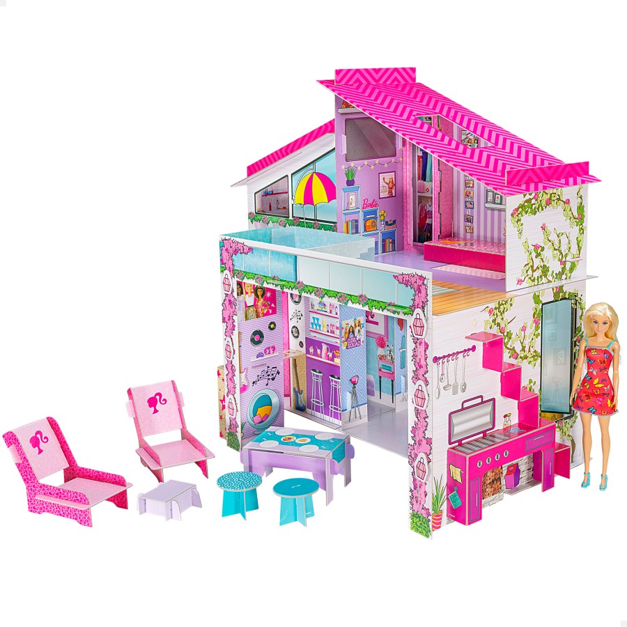 Barbie Casa de muñecas cartón para montar, Villa de verano, Dreamhouse, 2 plantas, Incluye muñeca, Muebles, Instrucciones de montaje, + 4 años, Medidas 79x38x70 cm