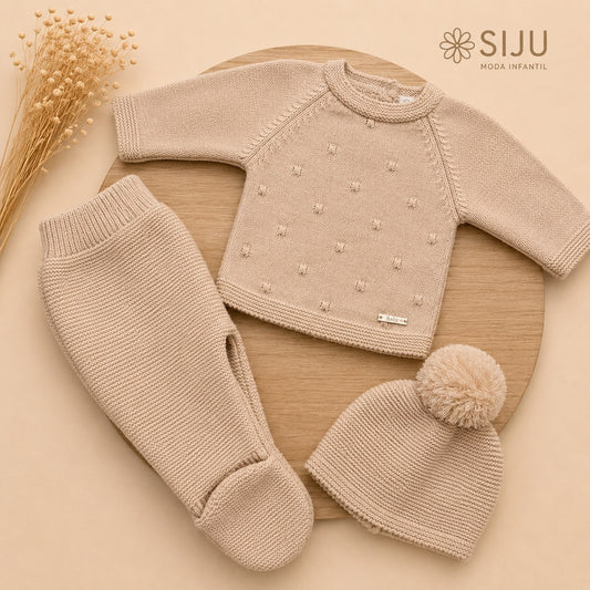 Conjunto de Primera Puesta Beige para Bebé con Gorro y Polaina | Siju Moda Infantil