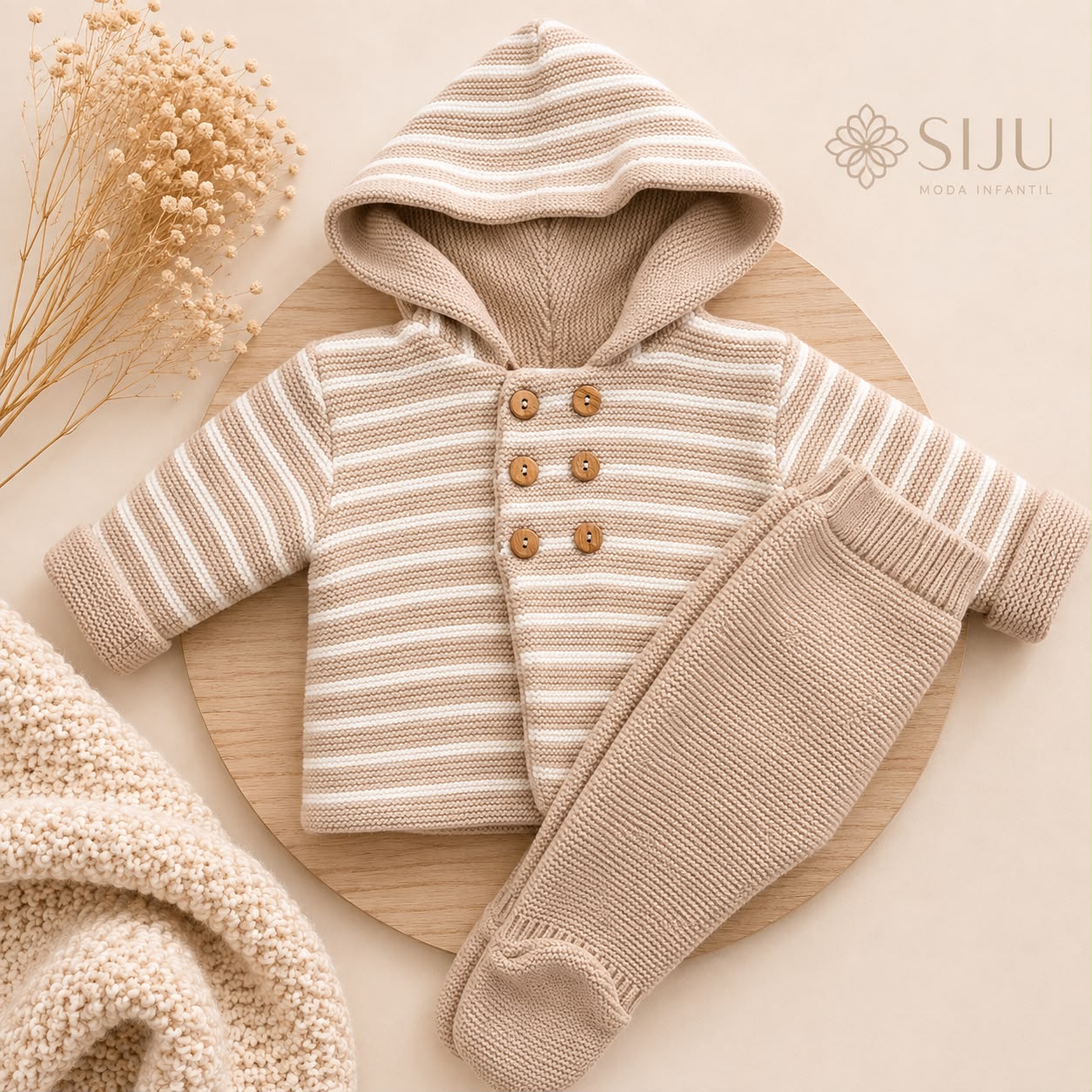 Conjunto de Punto Rayas San Francisco Beige para Bebé con Capucha y Polaina | Siju Moda Infantil