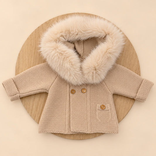 Chaqueta de Lana Acrílica Beige con Pelo Sintético Desmontable para Bebé | 1 a 36 Meses