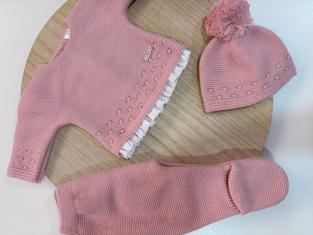 Conjunto de Primera Puesta Puntilla Rosa Empolvado para Bebé | 00 a 6 Meses
