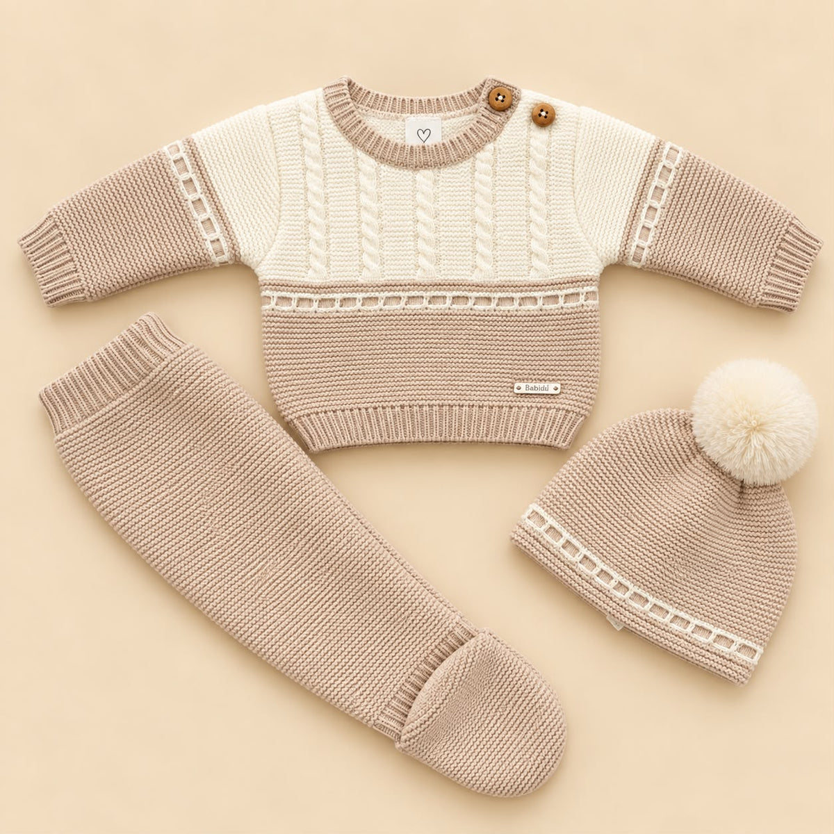 Conjunto de Primera Puesta Bicolor Beige y Marfil para Bebé | 00 a 6 Meses