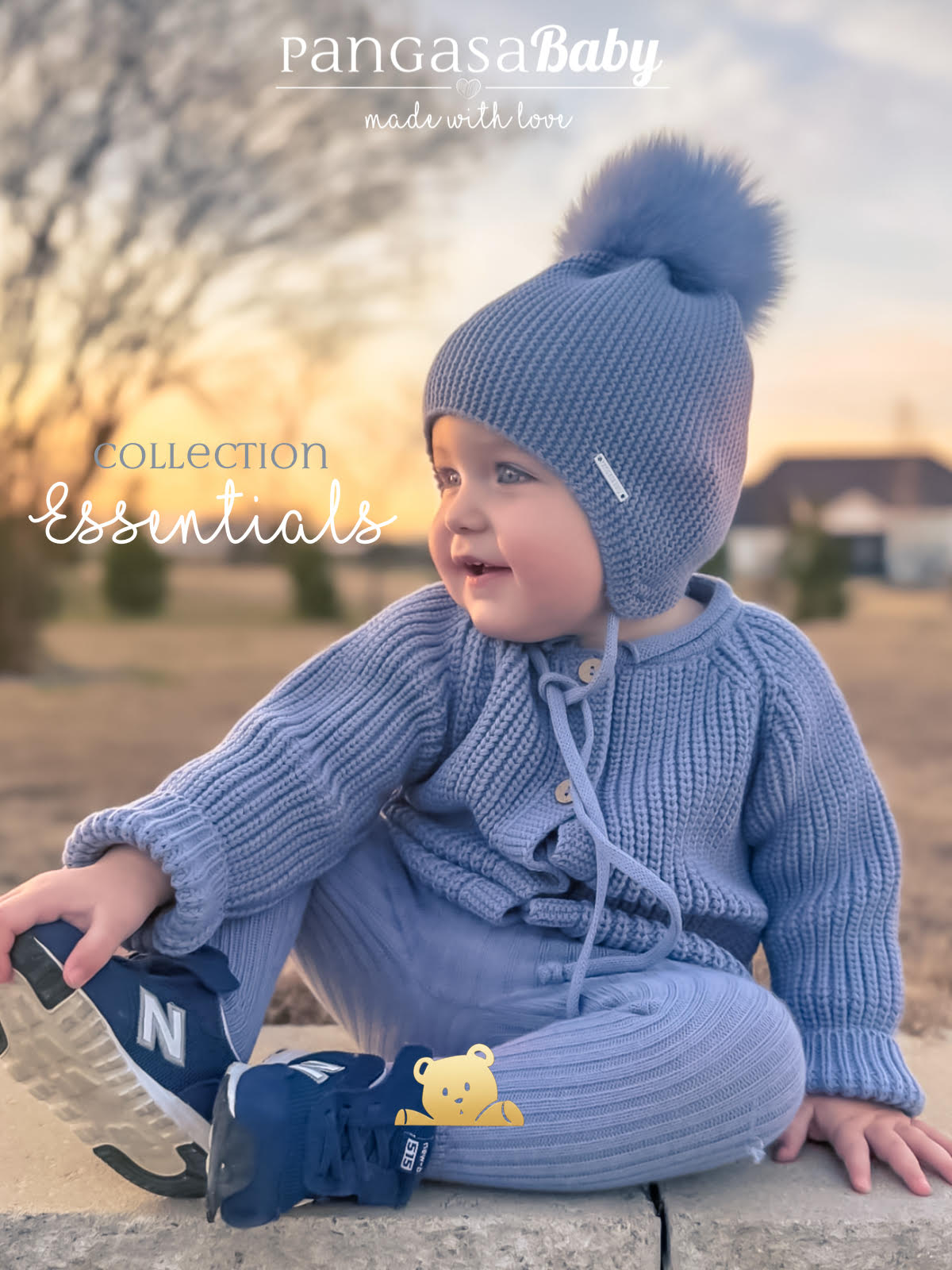 Gorro Orejero Aviador Azul Bruma Pangasa Baby 🌫️ 3-36M | Con pompón desmontable