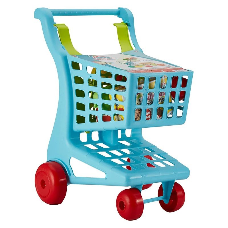 Carrito de la compra de juguete color celeste y accesorios de comida