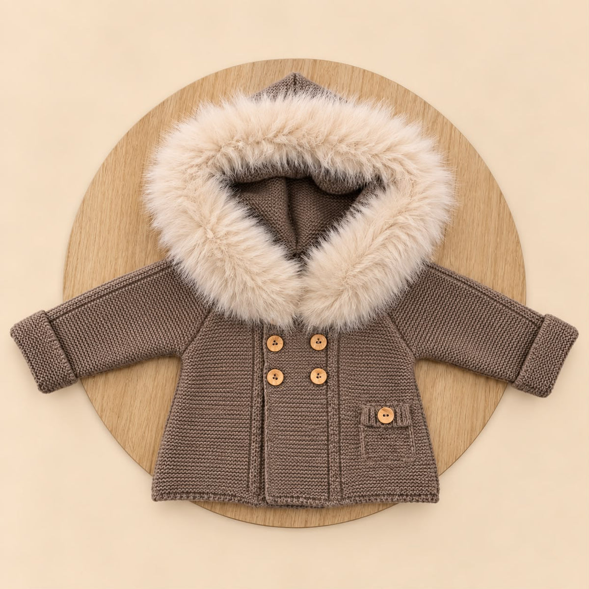 Chaqueta de Lana Acrílica Chocolate con Pelo Sintético Desmontable para Bebé | 1 a 36 Meses