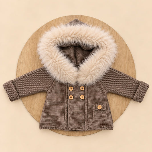 Chaqueta de Lana Acrílica Chocolate con Pelo Sintético Desmontable para Bebé | 1 a 36 Meses