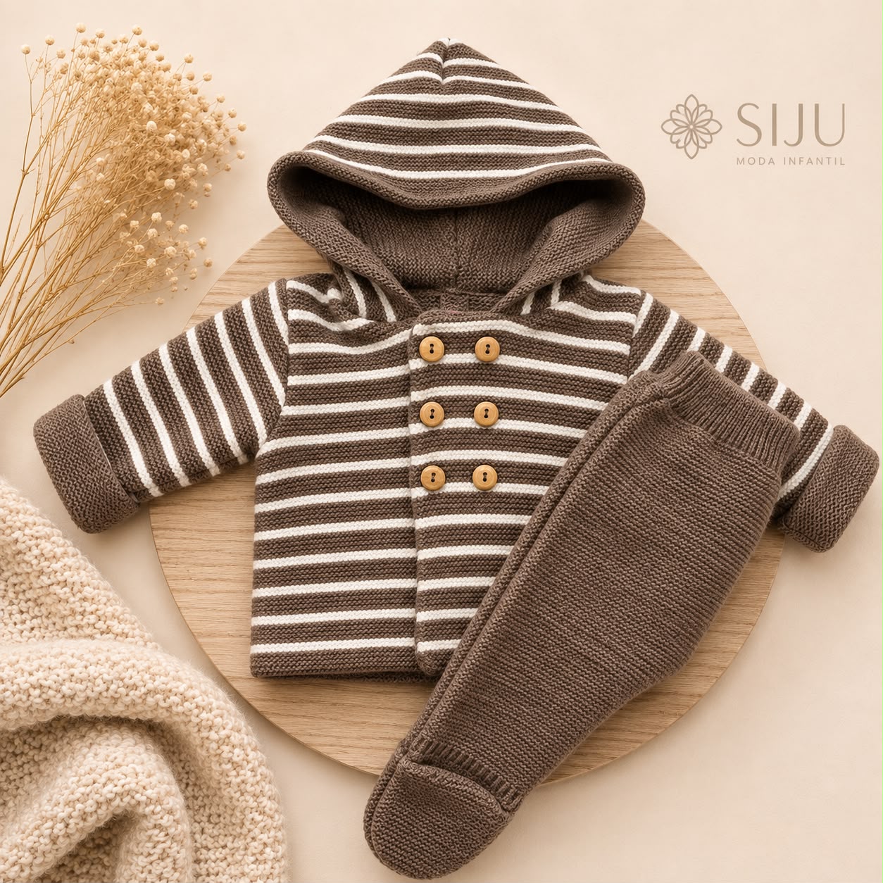 Conjunto de Punto Rayas San Francisco Chocolate para Bebé con Capucha y Polaina | Siju Moda Infantil