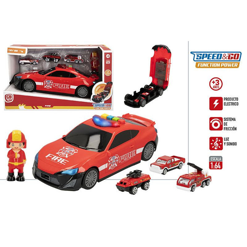 COCHE BOMBEROS PORTACOCHES CON 3 COCHES SPEED&GO