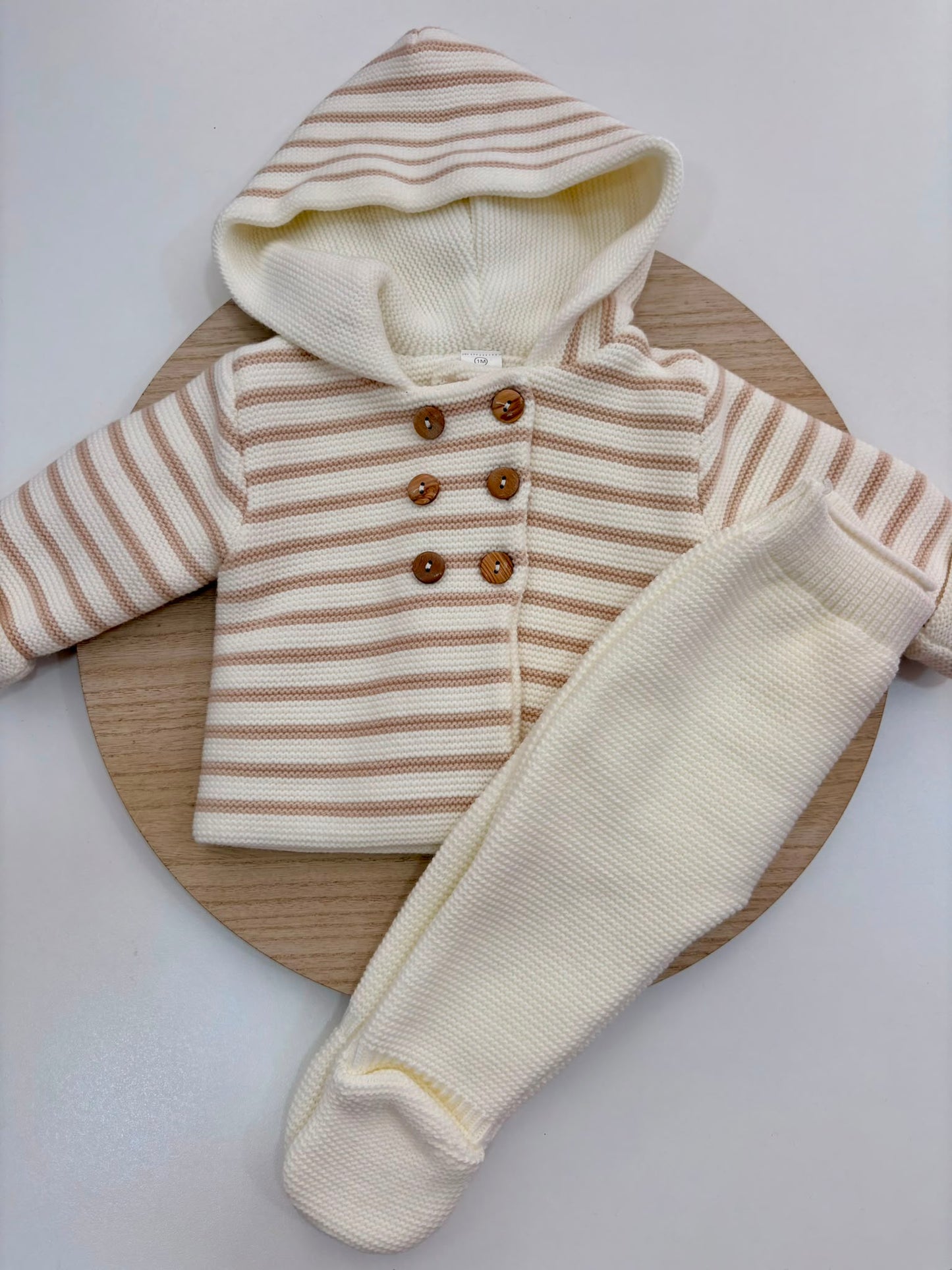 Conjunto de Punto Rayas San Francisco Crudo para Bebé con Capucha y Polaina | Siju Moda Infantil