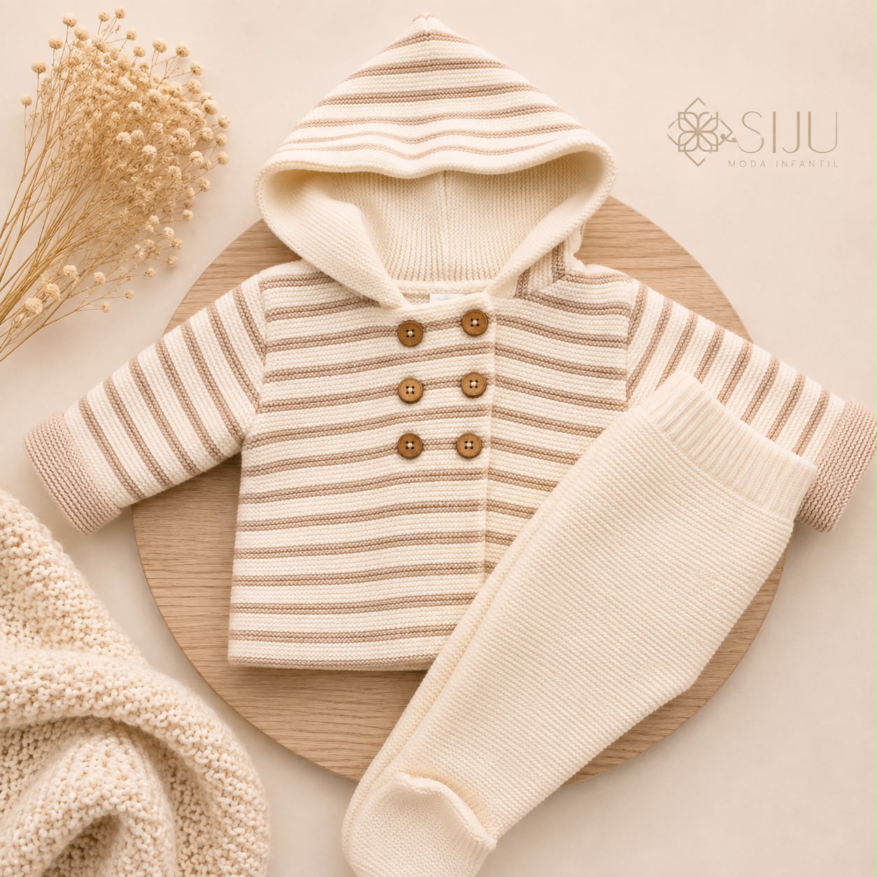 Conjunto de Punto Rayas San Francisco Crudo para Bebé con Capucha y Polaina | Siju Moda Infantil