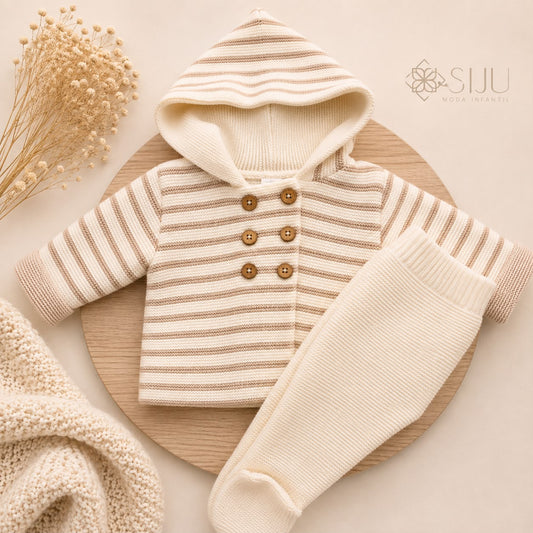 Conjunto de Punto Rayas San Francisco Crudo para Bebé con Capucha y Polaina | Siju Moda Infantil