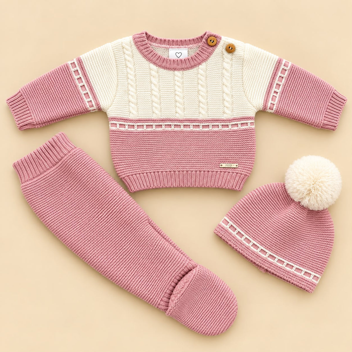 Conjunto de Primera Puesta Bicolor Rosa Empolvado y Marfil para Bebé | 00 a 6 Meses