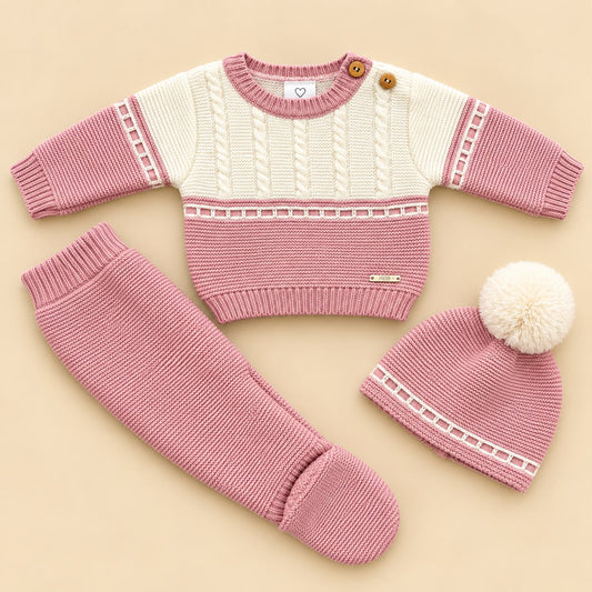 Conjunto de Primera Puesta Bicolor Rosa Empolvado y Marfil para Bebé | 00 a 6 Meses