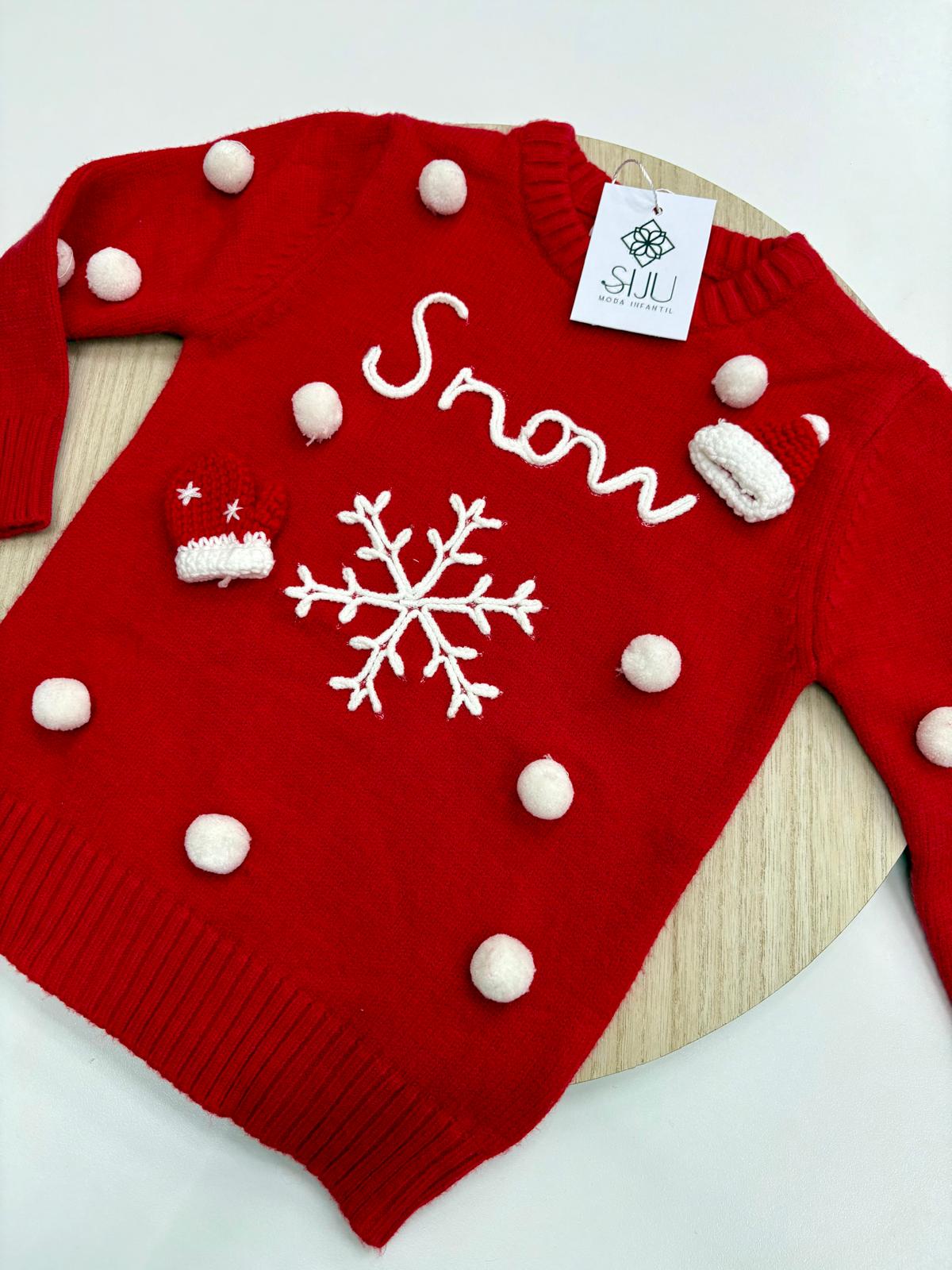 Jersey infantil 2-14 años rojo ❄️ “SNOW” con copos y decoración 3D – Navidad divertida y mágica