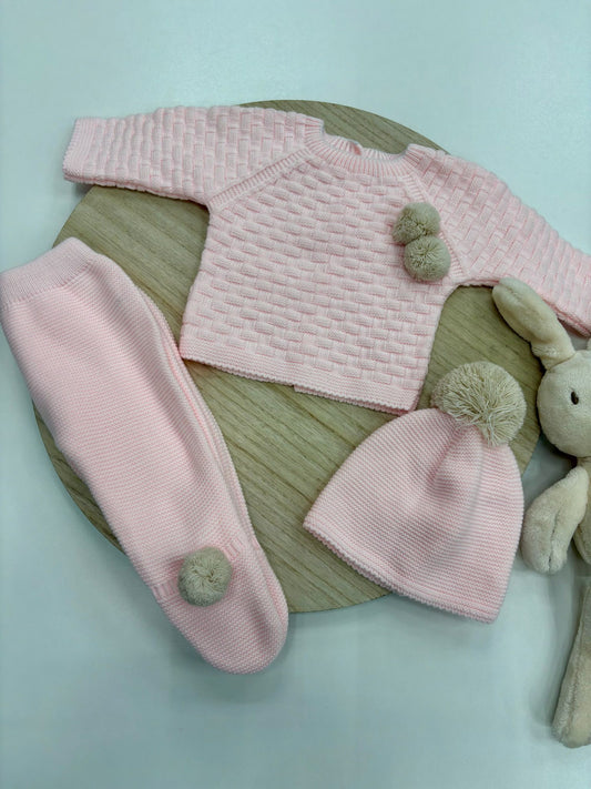 Conjunto bebé Pom Pom rosa bebé con pompones color arena