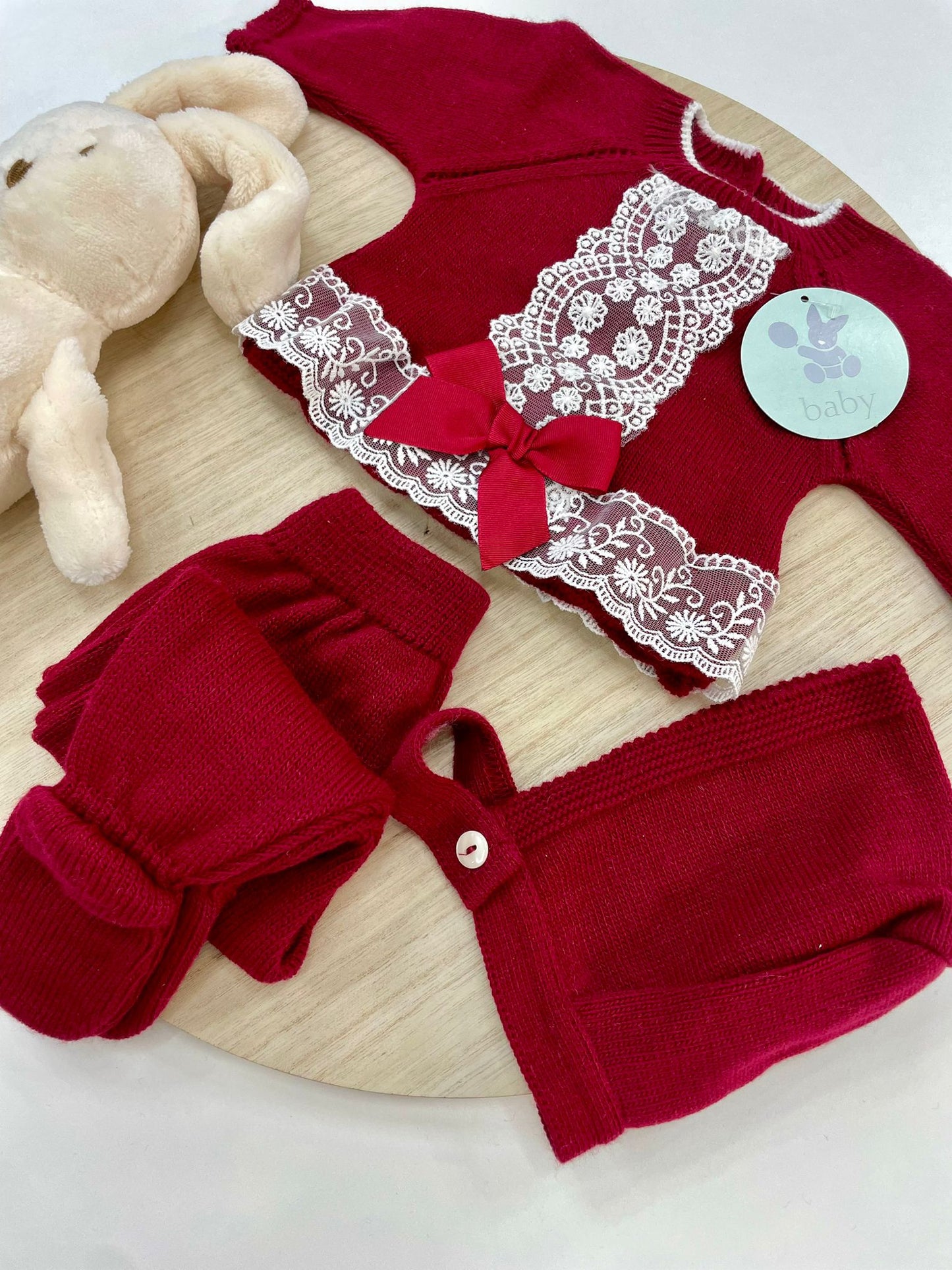 Conjunto Polaina Encanto Granate 3 Piezas Recién Nacido 0-6 Meses | Primera Puesta Bebé