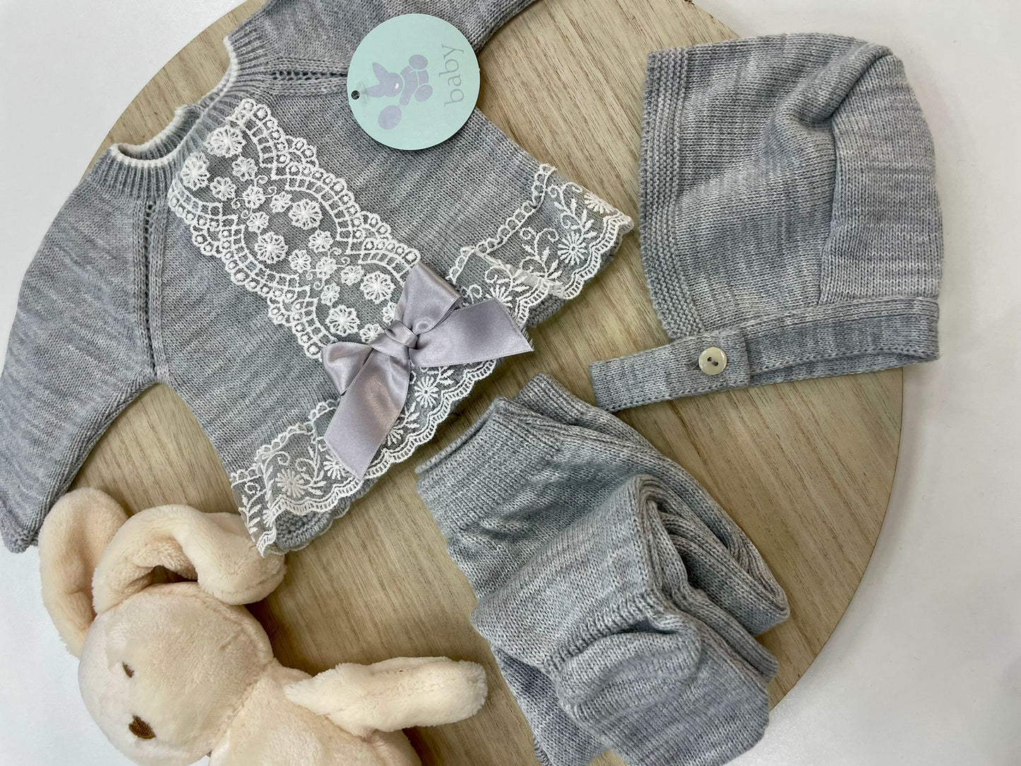 Conjunto Polaina Encanto Gris 3 Piezas Recién Nacido 0-6 Meses | Primera Puesta Bebé