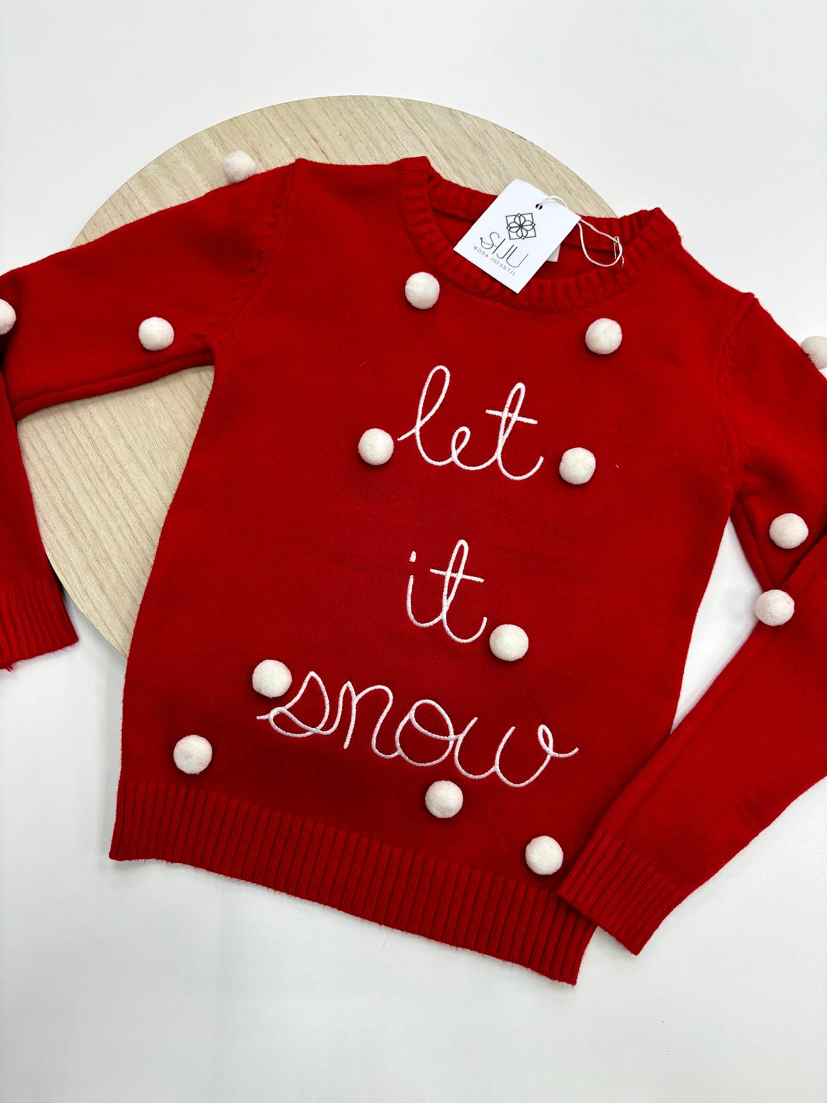 Jersey infantil 4-14 años rojo 🎄 “Let it Snow” con pompones blancos – Navidad divertida y cálida