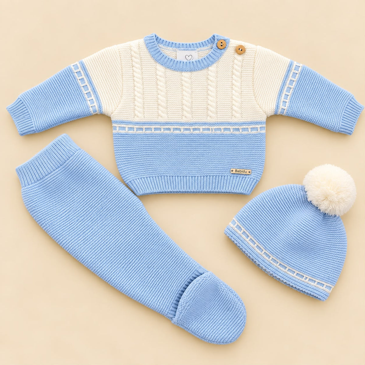 Conjunto de Primera Puesta Bicolor Celeste y Marfil para Bebé | 00 a 6 Meses