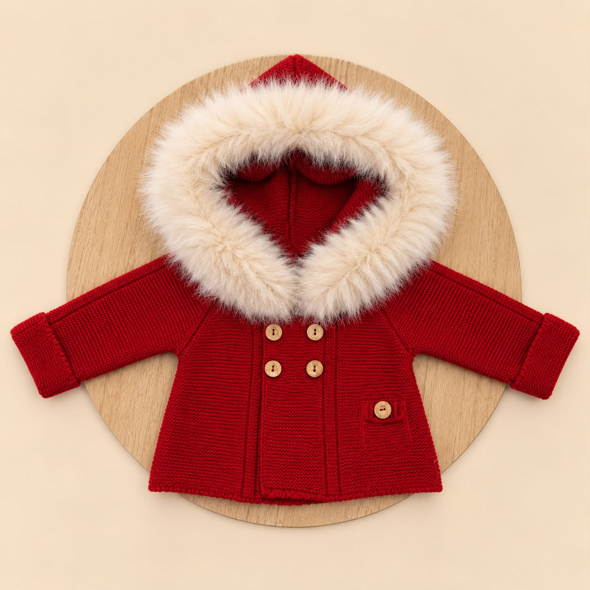 Chaqueta de Lana Acrílica Roja con Pelo Sintético Desmontable para Bebé | 1 a 36 Meses